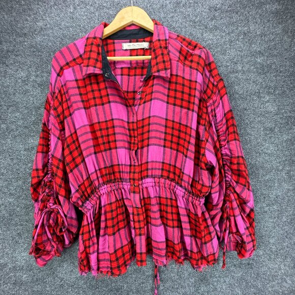 We the Free Shirt Womens Large Red Pink Plaid Snap Button‎ Up Raw Hem Wool Blend - Picture 1 of 14